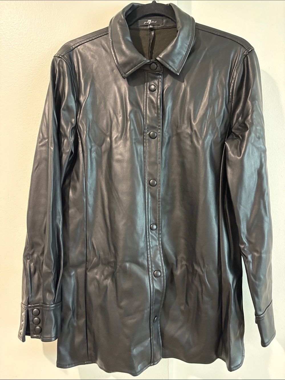 7 For All Mankind Black Vegan Leather Button-Front Shirt Jacket